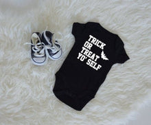 Load image into Gallery viewer, Trick or treat yo self one piece / baby halloween / costume / first halloween / bat / babyshower gift / unisex / creeper / spooky