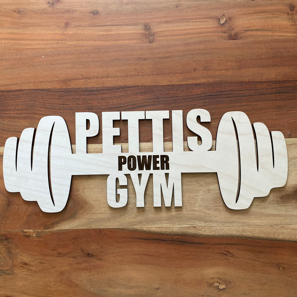 Original Custom Barbell Gym Sign - laser-cut hardwood wall art, hand-finished by Soul Kid Dsgn, view 7