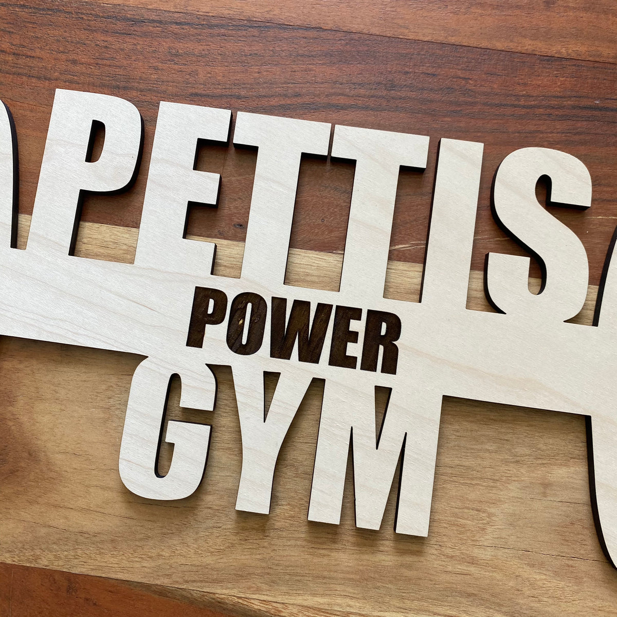 Original Custom Barbell Gym Sign - laser-cut hardwood wall art, hand-finished by Soul Kid Dsgn, view 8