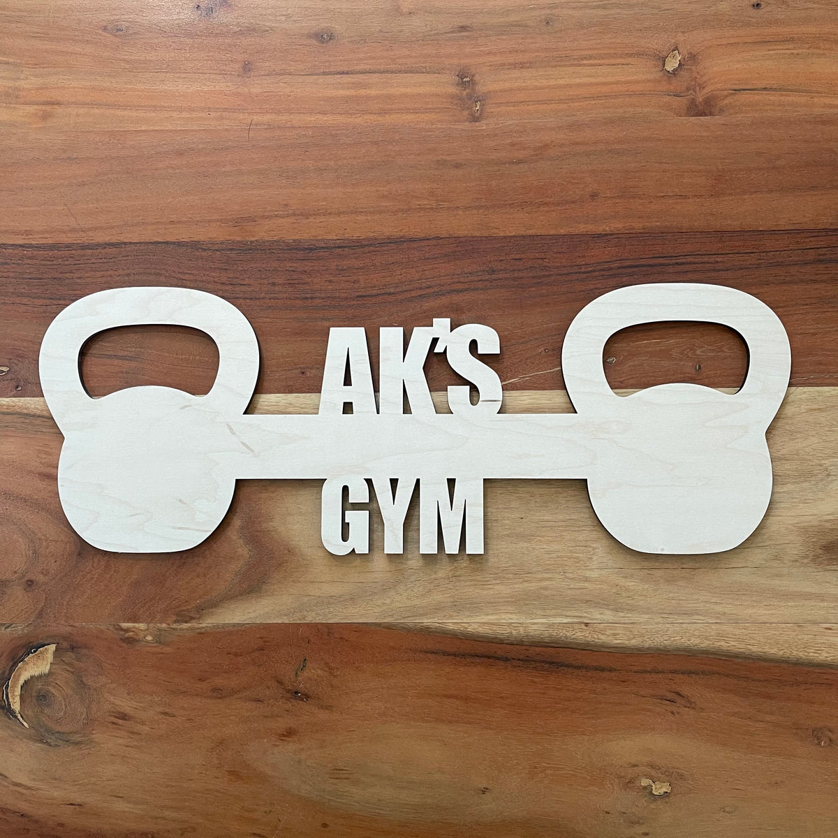 Original Custom Kettlebell Gym Sign - laser-cut hardwood wall art, hand-finished by Soul Kid Dsgn